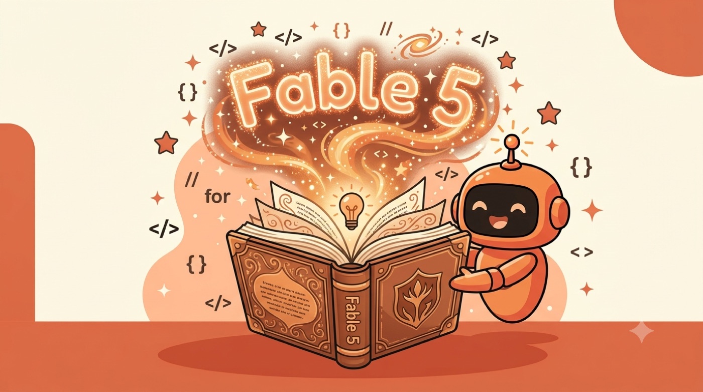 Claude Fable 5のイメージイラスト。魔法の本からコードと星が飛び出す